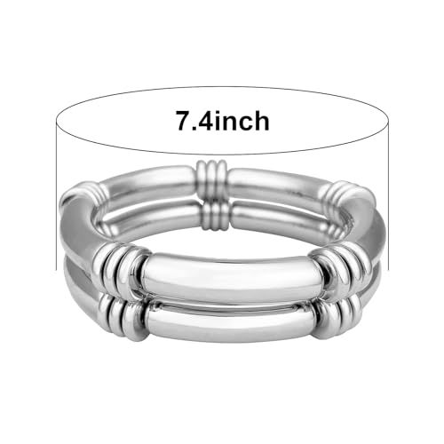 YBMYCM 5PCS Gold Chunky Bangles Bracelets for Women | 14k Gold Plated Stackable Layered Curved Bamboo Tube Stretch Bracelets Bangle Gift Jewelry - color: 2pcs Silver