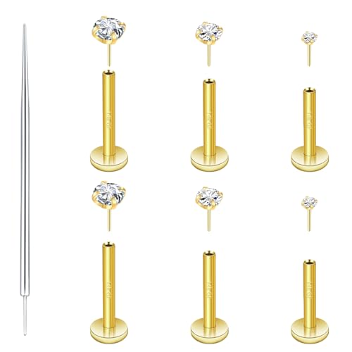 14K Gold Filled Threadless Nose Studs 316L Surgical Steel Labret Studs Lip Rings Push in Flat Back Stud Earrings CZ Nose Nostril Cartilage Lip Medusa Conch Tragus Helix Body Piercing Jewelry for Women Men Hypoallergenic 20G 18G 16G - color: 6Pcs 20G 2mm 3