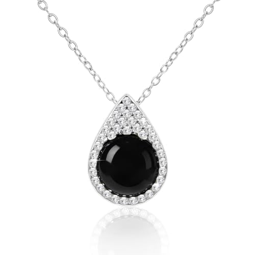 Women Trendy Faux Crystal Pendant Necklace 18K Gold/Silver Plated | CZ Halo Teardrop Drop Pendant Necklace Lightweight Fashion Jewelry Set Stackable For Wedding Daily Wear - color: Black