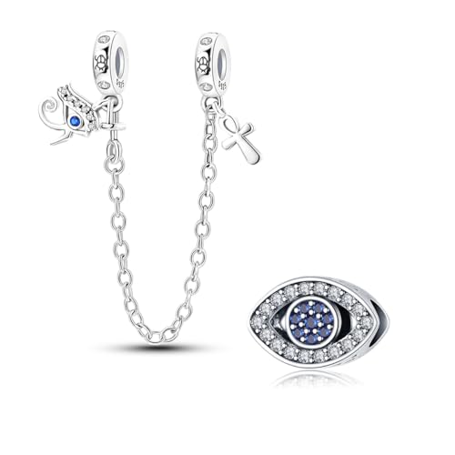 LNQOBU 925 Sterling silver Safety Chain for Bracelet,Family Forever Safety Chain Charm for Bracelet Stopper Spacer Charm Clip Charms Dangle Pendants Beads Jewelry Gift for Women - color: Safety Chain Evil Eye