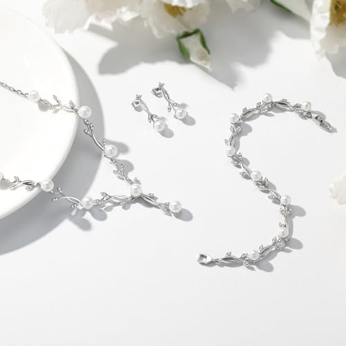Jewelry Set for Women, Necklace Dangle Earrings Bracelet Set with White AAA Cubic Zirconia, Allergy Free Wedding Party Jewelry for Bridal Bridesmaid - color: Necklace+Braclelet+Earrings-pearl style