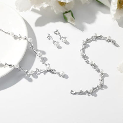 Jewelry Set for Women, Necklace Dangle Earrings Bracelet Set with White AAA Cubic Zirconia, Allergy Free Wedding Party Jewelry for Bridal Bridesmaid - color: Necklace+Braclelet+Earrings-pearl style
