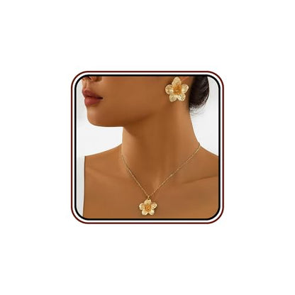 Gold Flower Jewelry Set For Women, 5 Pcs Chunky Golden Floral Pendant Necklace Bracelet Earrings Ring Set Statement Flower Jewelry Gifts For Beach Wedding - color: 2pcs-necklace+earrings