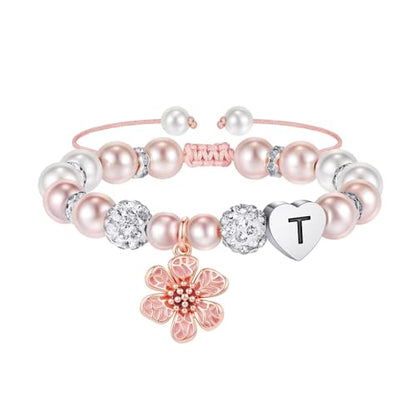 MONOOC Flower Charm Bracelet for Girls Kids - Birthday Gifts for Kids Girls | Gift Box Packaging, Flower Girl Gift，Adjustable Length， Pink Beaded Bracelet for Teen Girls Kids，Unique Initial Bracelet - color: T