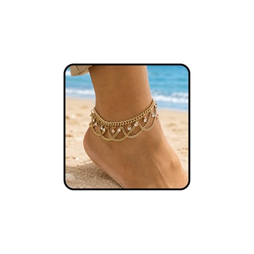 Gold Anklet for Women, Spiral Sun Charm Layered Boho Beach Ankle Bracelet Adjustable Double Chain Summer Beachy Ocean Jewelry Gift - color: Rhinestones