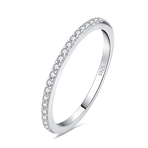 JewelryPalace Princess Emerald Cut CZ Stackable Wedding Ring Eternity Bands for Women, Cubic Zirconia 925 Sterling Silver 14k Yellow Rose Gold Plated Promise Ring for Her, 4pc Anniversary Ring Sets - color: S-1Pc-Round Cut-Sterling Silver