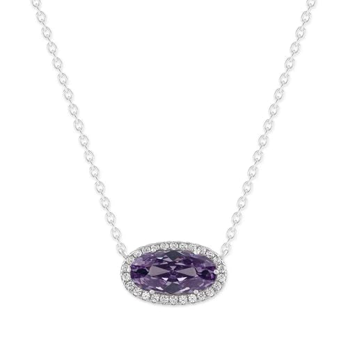 Belacqua Gemstone Necklace in Sterling Silver,Halo Pendant with Accent, Oval Cut 6 * 12mm, 15" Cable Chain with 2" Extender, Spring Ring Clasp, Dainty Birthstone Necklace for Women, Gift Box Included - color: 06-June-Alexandrite Light Purple