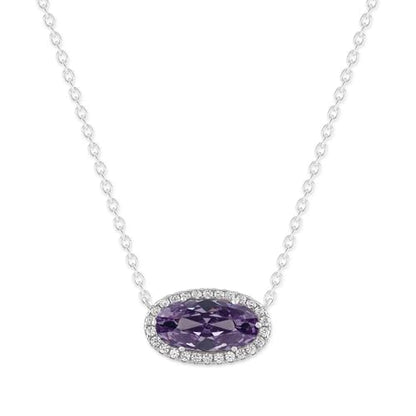Belacqua Gemstone Necklace in Sterling Silver,Halo Pendant with Accent, Oval Cut 6 * 12mm, 15" Cable Chain with 2" Extender, Spring Ring Clasp, Dainty Birthstone Necklace for Women, Gift Box Included - color: 06-June-Alexandrite Light Purple