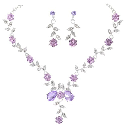 Kamirola Women's Wedding Jewelry Leaf Cluster Flower Crystal Dangle Earrings Pendant Necklace Set for BridalCrystal Bridal Jewelry Set - color: Silver Purple