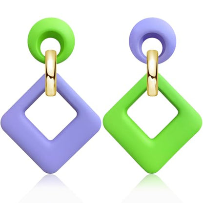 70s 80s Vintage Resin Neon Square Dangle Drop Earrings Simplicity Acrylic Hollow Round Circle Geometry Stud Earrings for Women - style: Green Purple