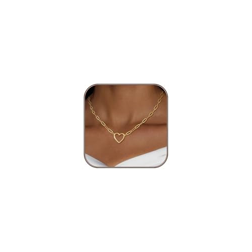 Airmb Heart Necklace for Women Gold/Silver Plated Trendy Heart Choker Lover Pendant Hypoallergenic Fashion Gold/Silver Necklace for Women Love Jewelry Gift for Women Girlfriend - color: Paperclip Open Heart-Gold