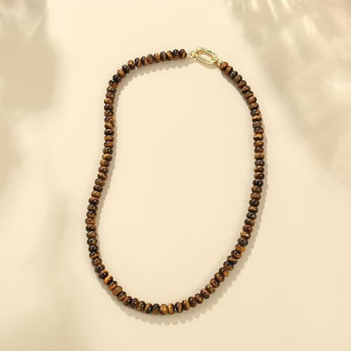 CONRAN KREMIX Colorful Stone Beaded Necklace for Women,Natural Gemstone Bead Choker Necklaces Boho Summer Beach Layering Necklace Jewelry Gift for Women - color: Tiger Eye Stone