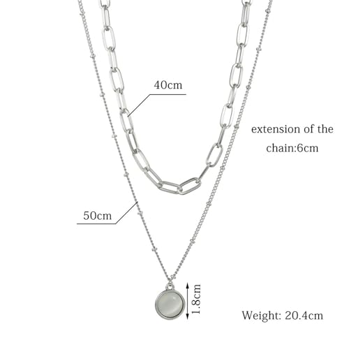 Spiritrain Boho Opal Double Chains Choker Necklace for Women Gold Silver Plated Bohemian Layered Round Moonstone Paperclip Link Chain Pendant Necklace for Birthday Holiday Party Fashion Jewelry Gifts