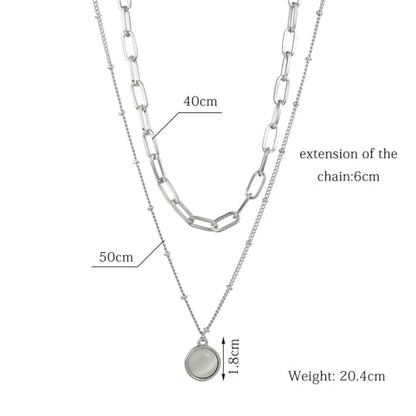 Spiritrain Boho Opal Double Chains Choker Necklace for Women Gold Silver Plated Bohemian Layered Round Moonstone Paperclip Link Chain Pendant Necklace for Birthday Holiday Party Fashion Jewelry Gifts