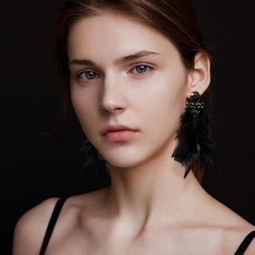 Long Feather Earrings for Women Bohemian Crystal Zirconia Dangle Feather Earrings Crystal Tassel Feather Earrings Wedding Halloween Prom Jewelry - color: Black