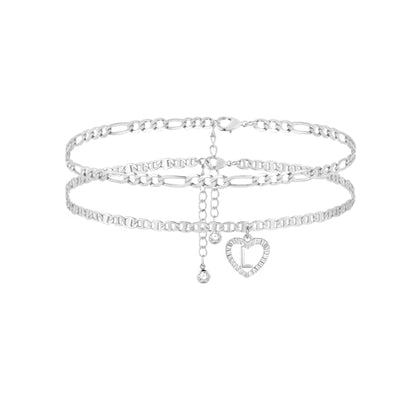 Initial Ankle Bracelets for Women 2pcs 18K Gold Plated Handmade Layered Letter Heart Figaro Chain Flat Mariner Anklets for Women Cute Summer Beach Foot Jewelry - style: Silver-L