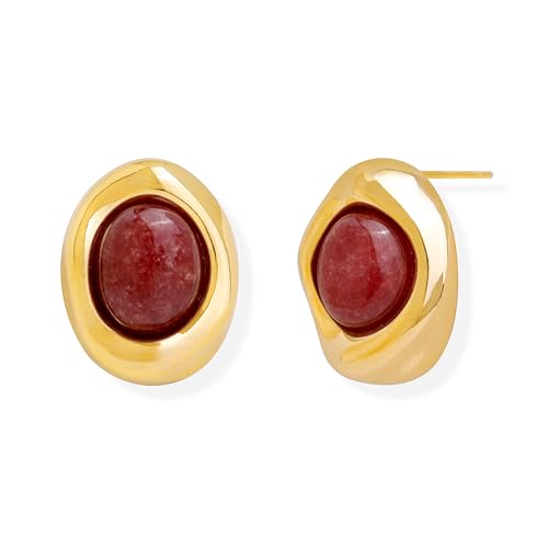 Jean Beau Chunky Gold Stone Stud Earrings for Women, Trendy Natural Gemstone Hypoallergenic Earing Valentine Jewelry Gift - color: Garnet
