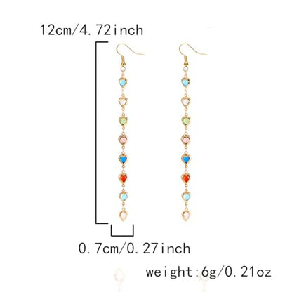 Sparkly Crystal Heart Long Chain Drop Earrings For Women Colorful Love Heart Tassel Statement Dangle Earrings Birthday Prom Jewelry Gifts - color: Gold