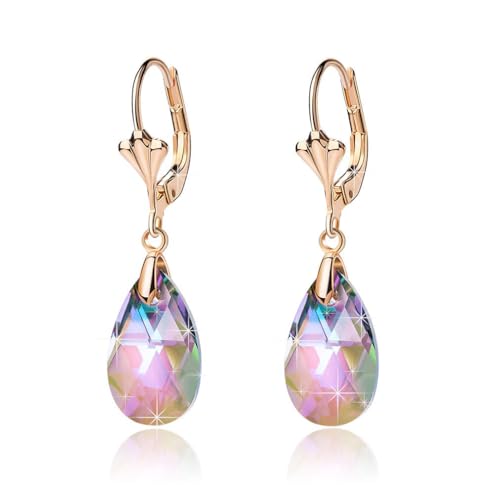 Austrian Crystal Teardrop Leverback Dangle Earrings for Women Fashion 14K Gold Plated Hypoallergenic Jewelry - color: Rainbow