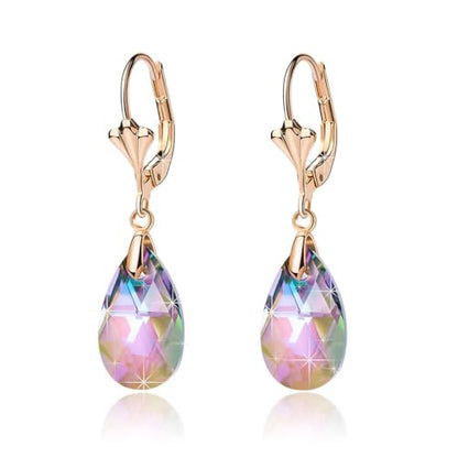 Austrian Crystal Teardrop Leverback Dangle Earrings for Women Fashion 14K Gold Plated Hypoallergenic Jewelry - color: Rainbow