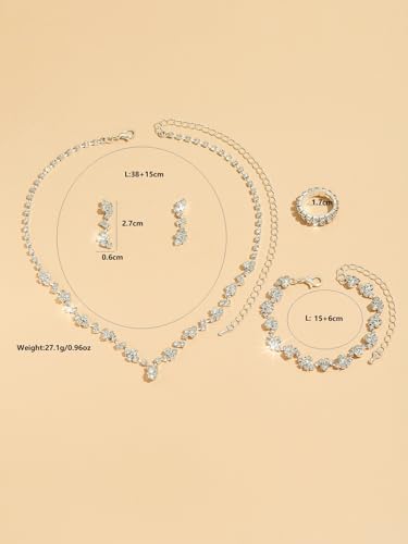 Wedding Jewelry Sets for Brides Rhinestone Necklace and Earring Set Bracelet Ring Gold Silver Prom Jewelry Sets Diamond Flower Teardrop Necklace for Women - color: Style1-Silver-4pcs