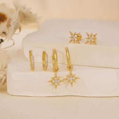 Gold Plated Earrings for Women, 14k Gold Plated Earring Stack Hypoallergenic Pearl Drop Earring Dainty Earrings for Women Trendy Cute Small Huggie Hoop Earring Fashion Womens Jewelry - color: star set