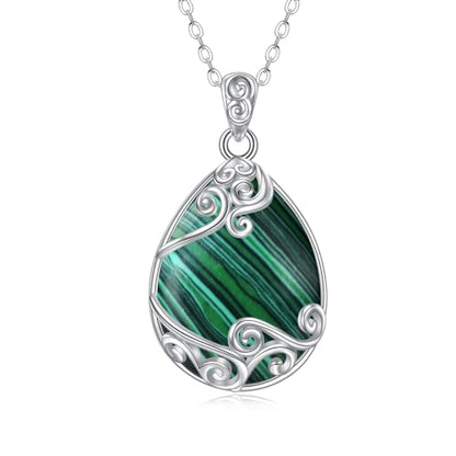 YAFEINI 925 Sterling Silver Moonstone Necklace Filigree Teardrop Pendant Necklace Jewelry for Women Girls - color: TT-Malachite Filigree Necklace