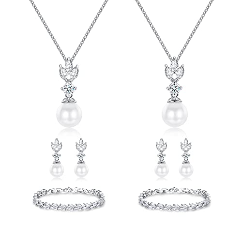 Wedding Jewelry for Bride Bridesmaid, Pearl Dangle Earrings and Pendant Necklace Set Bridal Jewelry for Promise Wedding Party - color: 5#Silver-2 Sets-Necklaces/Bracelets/Earrings