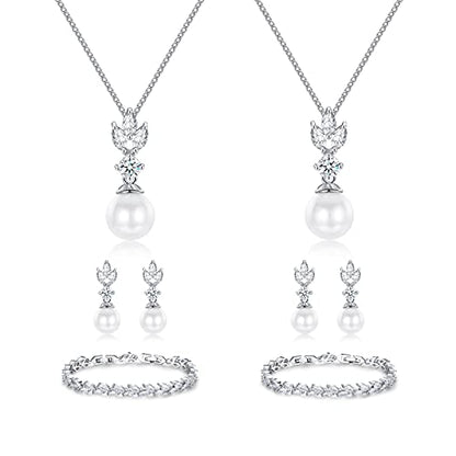 Wedding Jewelry for Bride Bridesmaid, Pearl Dangle Earrings and Pendant Necklace Set Bridal Jewelry for Promise Wedding Party - color: 5#Silver-2 Sets-Necklaces/Bracelets/Earrings