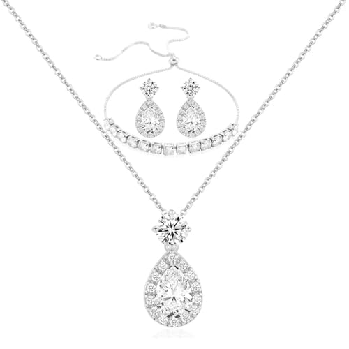 Plated Gold Silver Elegant Teardrop Zircon Earrings Necklace Bracelet Set for Bridesmaids, Sparkling Cubic Zirconia Jewelry, Wedding Gift, 4/5/6-Piece - color: 1 Set Silver