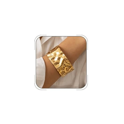 Chunky Cuff Bracelets for Women Wide Gold/Silver Cuffs Bangle Hollow Out Adjustable Bracelets Punk Vintage Jewelry - style: V-Gold A
