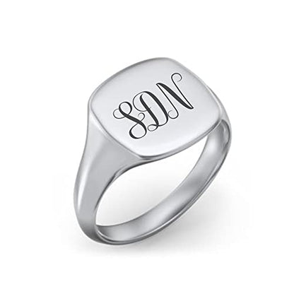 Personalized Monogram 3 Letters Engraved Square Charm Initial Signet Ring Jewelry - color: Silver