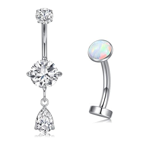 VCMART Belly Button Ring Belly Button Piercing Belly Rings Dangle Belly Button Rings Surgical Steel Clicker Floating Belly Button Rings for Women 14G Silver Gold Belly Navel Piercings Jewelry - color: C4 -2pcs, silver