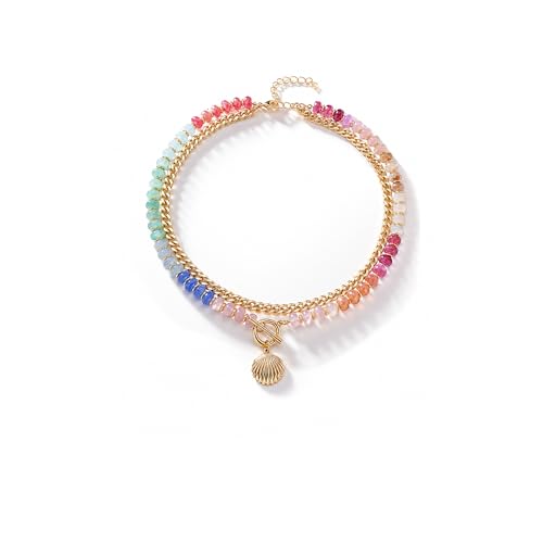 Colorful Acrylic Beaded Necklace For Women, Boho Double Layer Rainbow Beads Thick Cuban Chain Chunky Heart Pendant Statement Choker Summer Beach Jewelry Gift - color: Colorful Gold Shell