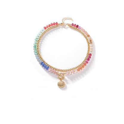 Colorful Acrylic Beaded Necklace For Women, Boho Double Layer Rainbow Beads Thick Cuban Chain Chunky Heart Pendant Statement Choker Summer Beach Jewelry Gift - color: Colorful Gold Shell
