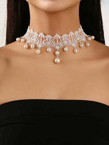 Lace Choker Necklace for Women Tassel Pendant Choker Necklaces Elegant Boho Collar Necklaces Statement Artistic Chain Necklace with Pearl Halloween Party Cosplay Costume Jewelry - color: White Lace Pearl-5