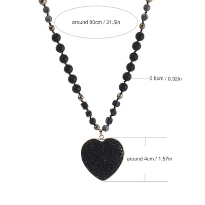 Long Necklaces for Women Boho, Oval Waterdrop Turquoise Pendant, Natural Stone Beaded, Handmade,Vintage & Elegance, Boho Fashion Charm Beaded Necklace for Women - style: K-Heart Lava Rock Pendant