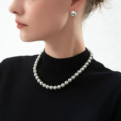 Zeffy Pearl Necklace 4MM/6MM/8MM Dainty Round Imitation Pearl Choker Necklace Wedding Pearl Necklace Delicate Jewelry for Women Simple Bridesmaid Jewelry Gifts - style: 8mm Grey Pearl Necklace(14"+2")