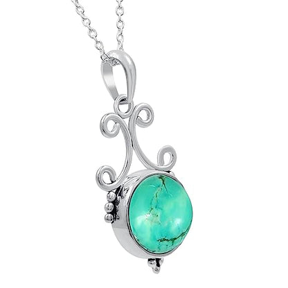 Natural Round Gemstone Pendant Necklace for Women, 925 Sterling Silver | Solitaire Birthstone Jewelry With 18 Inch Chain, Handmade Semi Precious Stone Pendant, Jewelry Gift for Mom, Wife & Sister - color: Turquoise