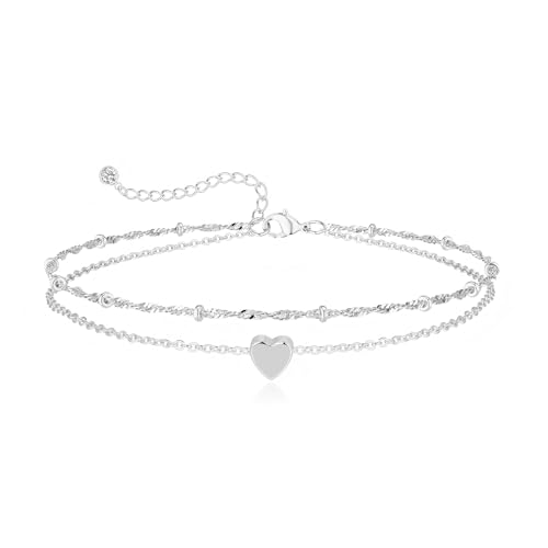 MFRYK Gold Ankle Bracelets for women,14k Gold/Silver Plated Waterproof Layered lightweight Cuban Link Figaro Chain Heart anklet butterfly anklet Pearl Ankle Bracelets Set Gold Anklets for women Trendy Jewelry Gift for Women - style: 2 anklets layered hear