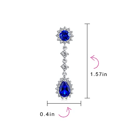 Bling Jewelry Vintage Style Bridal Simulated Blue Sapphire Statement Pave Crown Halo Cubic Zirconia AAA CZ Long Dangling Oval Teardrop Chandelier Clip On Earrings For Women Non-Pierced