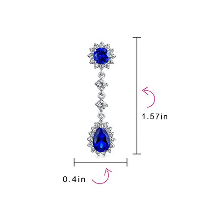 Bling Jewelry Vintage Style Bridal Simulated Blue Sapphire Statement Pave Crown Halo Cubic Zirconia AAA CZ Long Dangling Oval Teardrop Chandelier Clip On Earrings For Women Non-Pierced
