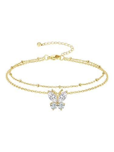 Richsteel Double Layer Heart/Butterfly Birthstone Anklet for Women | Non Tarnish Waterproof, Silver/Gold/Black Stainless Steel 8.5-10.5 Inch Adjustable Chain Anklets Summer Beach Foot Jewelry - color: Gold Butterfly-04 Apr.(Diamond)