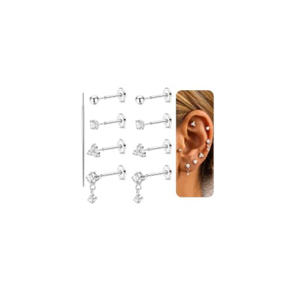 4Pairs 18G 20G G23 Titanium Threadless Flat Back Stud Earrings CZ Push in Nose Studs Hypoallergenic Tragus Cartilage Helix Conch Lip Labret Medusa Stud Piercing Jewelry - color: Silver, size: 18G