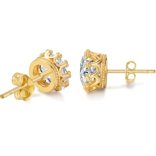Hypoallergenic Cubic Zirconia Stud Earrings for Women & Men 24K Gold Plated Sterling Silver Post, CZ Simulated Diamond Halo Studs Sensitive Ear Friendly Gift (ED-31) - color: Gold 02