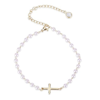 Mikovivi Pearl Cross Ankle Bracelet for Women, Adjustable Boho Beaded Anklets Waterproof Summer Beach Foot Jewelry Gift