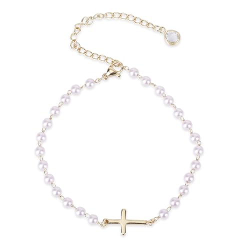 Mikovivi Pearl Cross Ankle Bracelet for Women, Adjustable Boho Beaded Anklets Waterproof Summer Beach Foot Jewelry Gift
