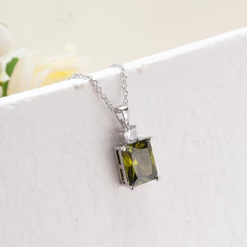 CiNily Rectangular Crystal Necklace for Women Trendy, Pendant Necklace with Chain 14K White Gold | Gold Plated Multicolor Birthstone Pendant Necklaces Boho Jewelry for Christmas Birthday Wedding - color: Silver-Olive Green cz