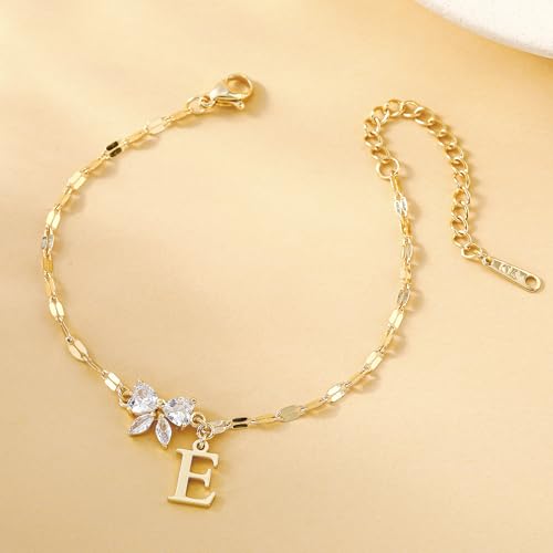 Gold Initial Bracelet for Women Teen Girls 14k Gold Plated Dainty Butterfly Charm Letter Bracelet for Birthday Jewelry Gifts - color: Gold-E