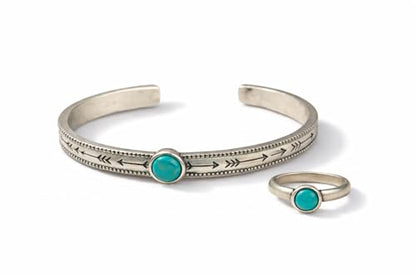Isac Turquoise Jewelry Set, Silver Cuff Bracelet and Ring, Arrow Engraved, Boho Western Style